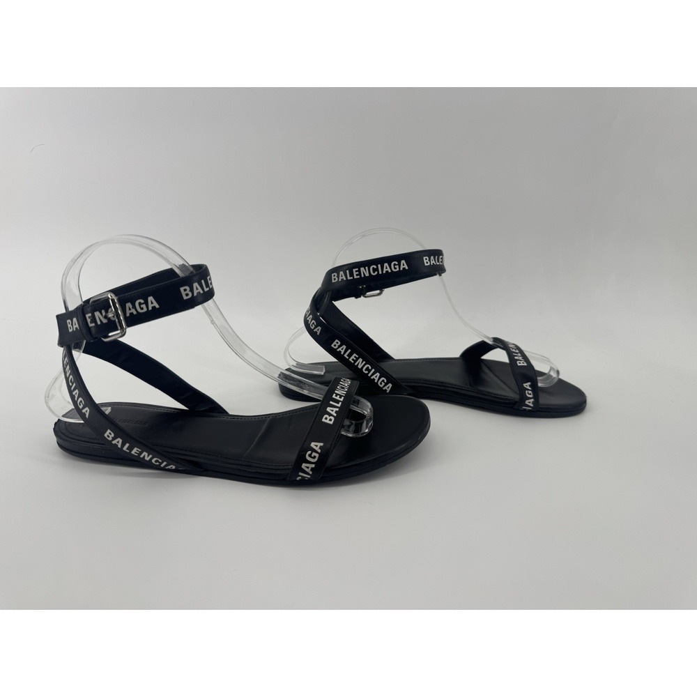 Authentic Balenciaga Logo Print Ankle Strap Sandal Black White Size 38.5 - Picture 1 of 10